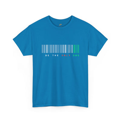 Unique "Be The Only One" barcode t-shirt in blue with a minimalist design