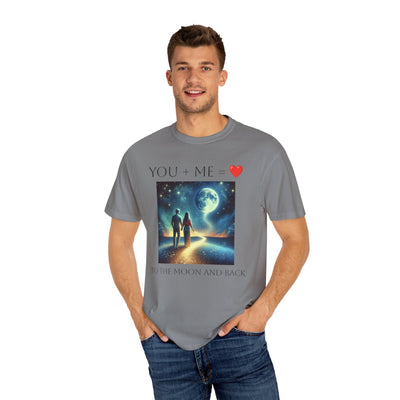 Moon and Back Unisex T-shirt with romantic 'You + Me to the MOON and BACK' design, ideal astronomy gift.
