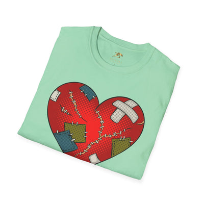 Unisex t-shirt with patched heart graphic, perfect for Valentine's Day couples.