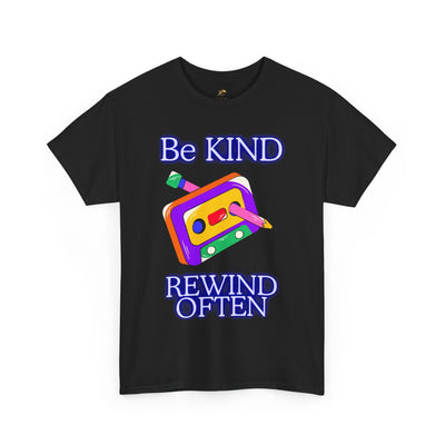Retro "Be Kind, Rewind Often" T-Shirt with 90s nostalgia design and positive quote.