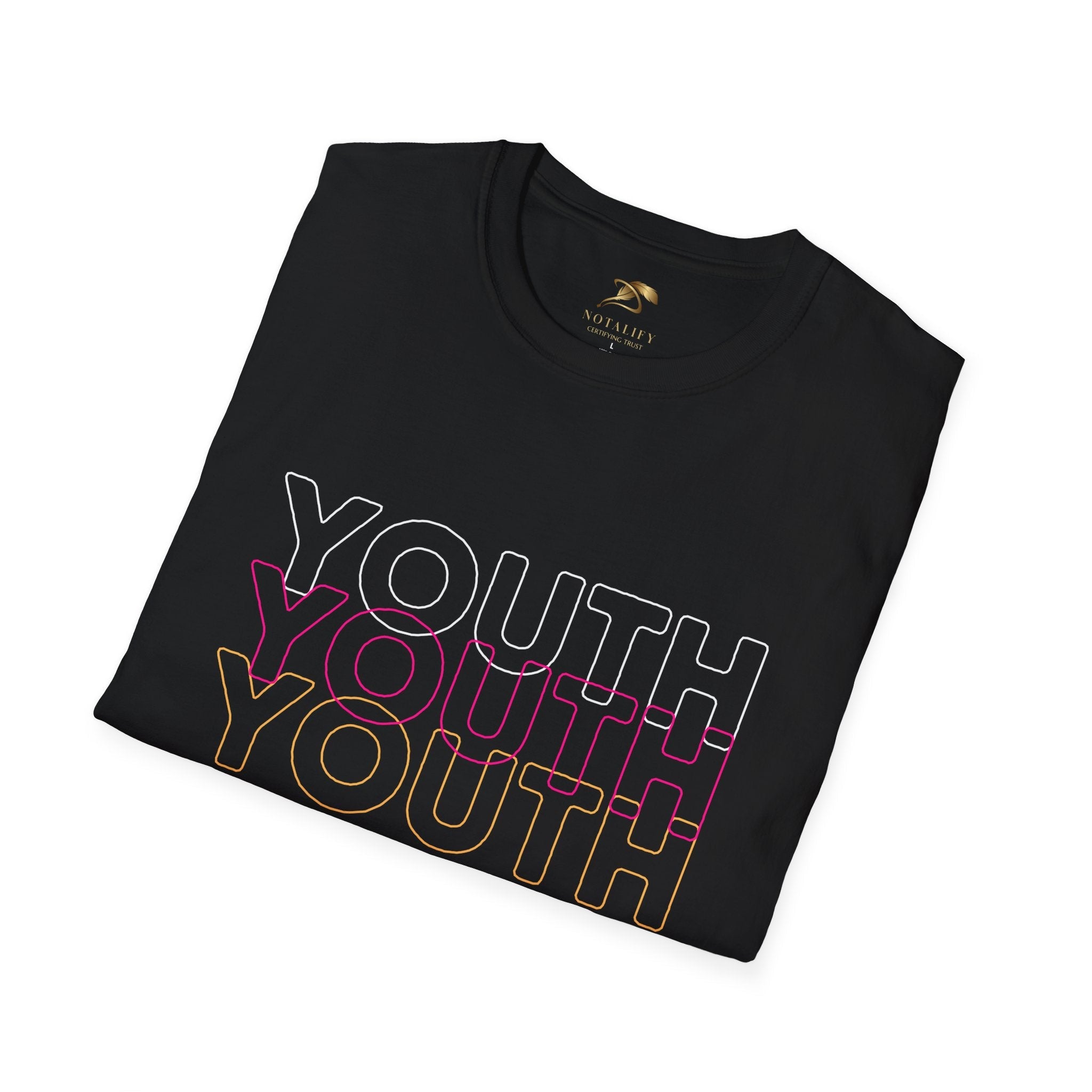 Youth Day Unisex Softstyle T-Shirt in black with colorful repeated 