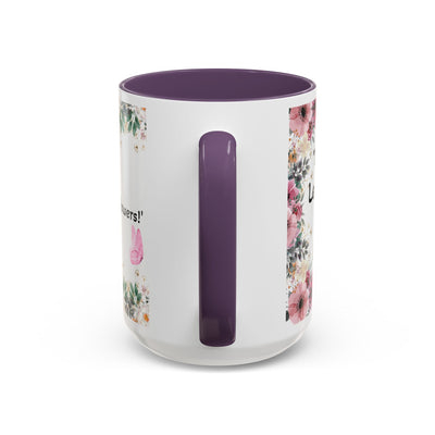 Inspirational quote mug for garden lovers with wildflower design and colored interior.
