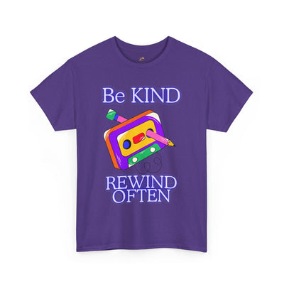Retro unisex T-shirt with "Be Kind, Rewind Often" graphic in purple.