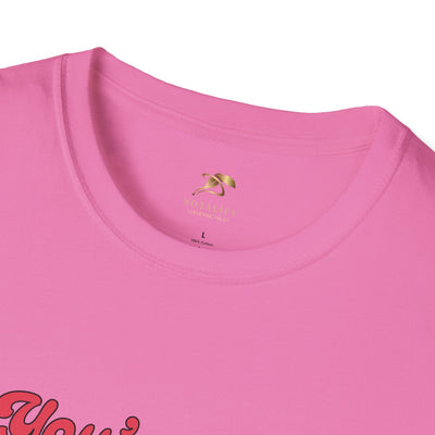 Valentine's Day heart graphic tee with love quote, unisex softstyle, pink color.