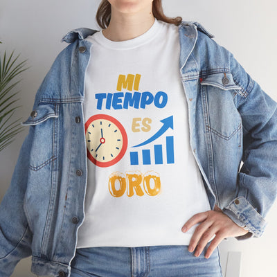 Unisex white t-shirt with "Mi Tiempo Es Oro" design featuring a clock and growth chart, ideal for productivity and time management.