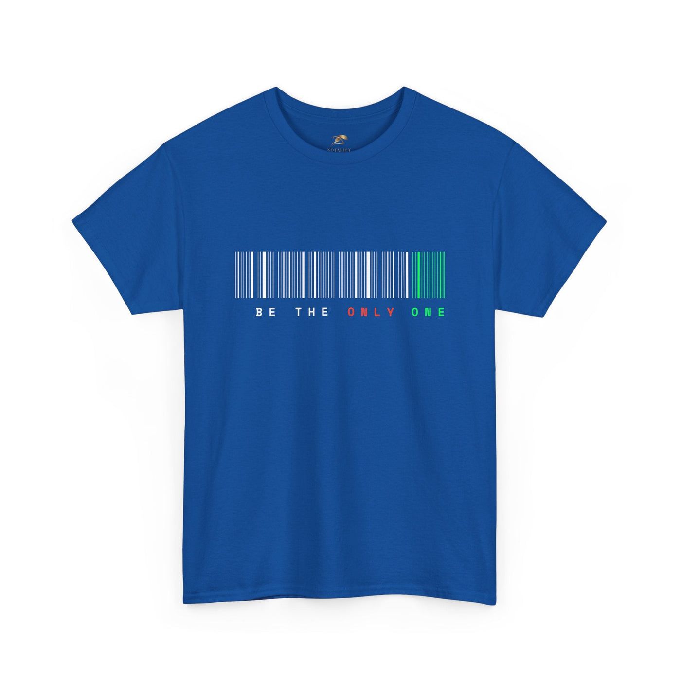Unique "Be The Only One" barcode t-shirt in blue with a minimalist design