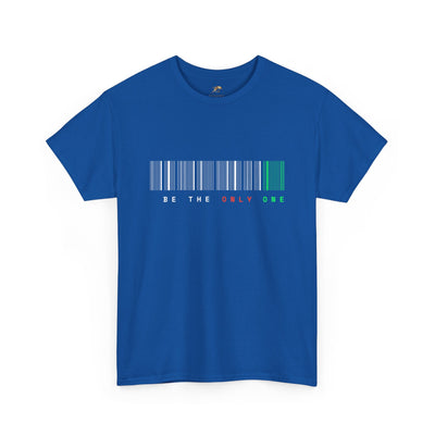 Unique "Be The Only One" barcode t-shirt in blue with a minimalist design