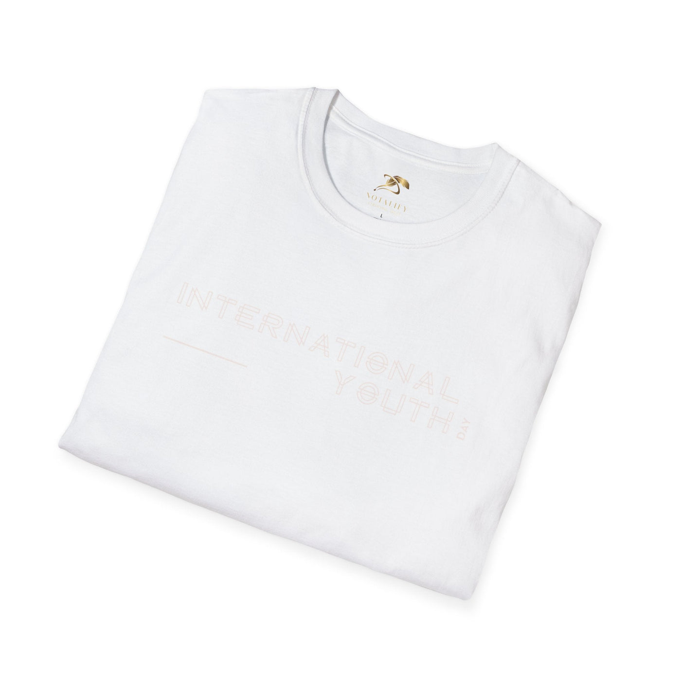 White unisex softstyle t-shirt with subtle International Youth Day text, made of 100% ring-spun cotton, classic fit and crew neckline.