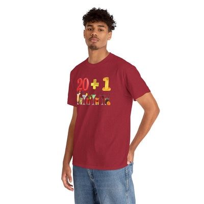 Man wearing red "20 + 1" 21st birthday t-shirt with cocktail graphics.
