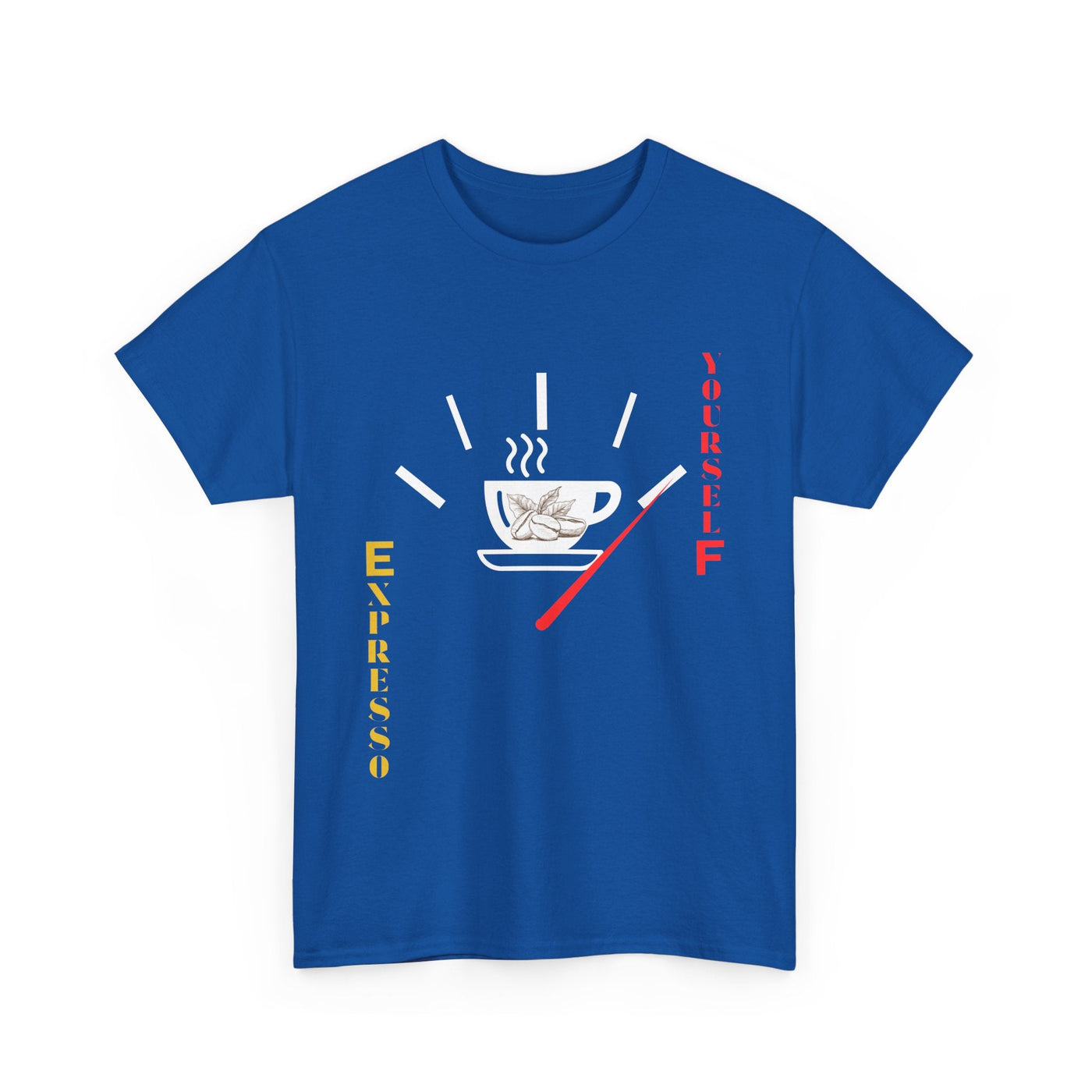 Expresso Yourself coffee T-shirt with funny espresso design, steaming cup, and fuel gauge graphic.