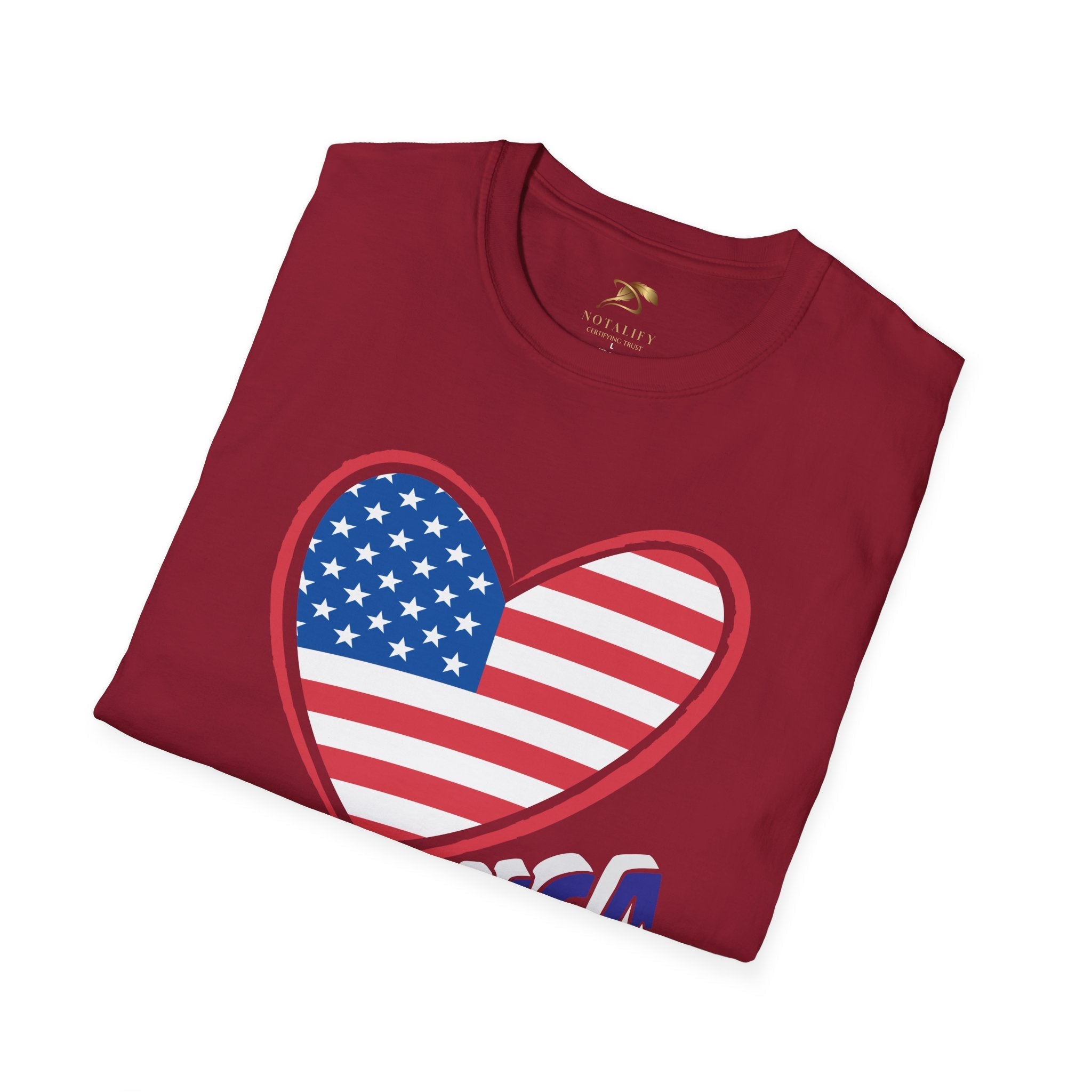 LOVE USA Patriotic T-Shirt with heart-shaped stars and stripes design, perfect for Independence Day celebrations.