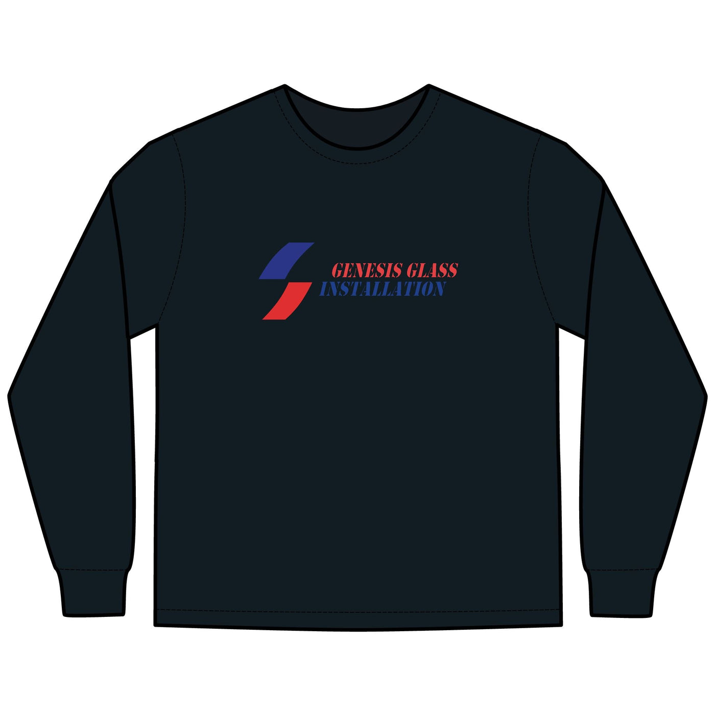 Genesis Glass Installation logo shirt featuring bold red and blue branding on a black tee, ideal for construction crews and professional workwear.