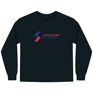 Genesis Glass Installation logo shirt featuring bold red and blue branding on a black tee, ideal for construction crews and professional workwear.