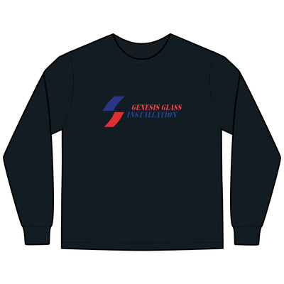 Genesis Glass Installation logo shirt featuring bold red and blue branding on a black tee, ideal for construction crews and professional workwear.