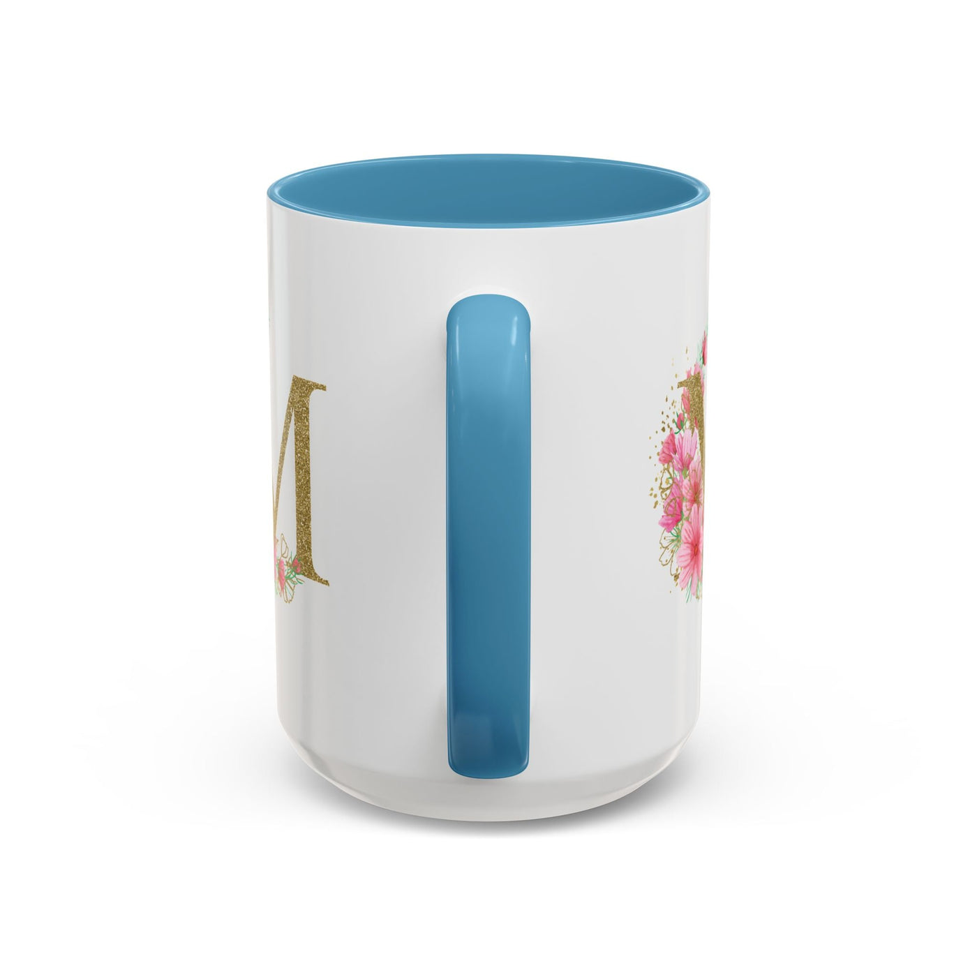 Mother's Day mug with floral design, personalized for mom, ceramic, blue interior.