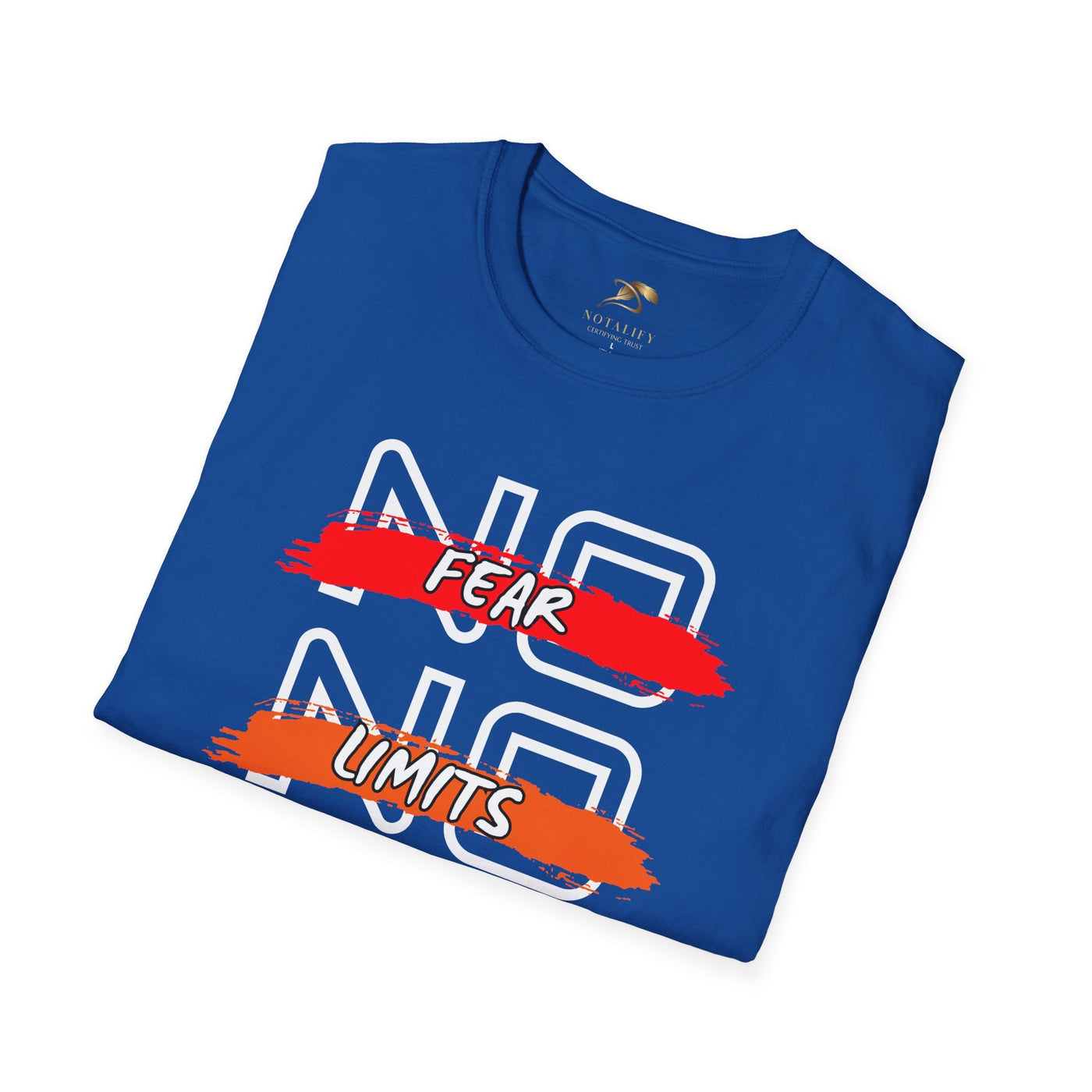 Folded blue unisex t-shirt with "No Fear No Limits" motivational graphic design.