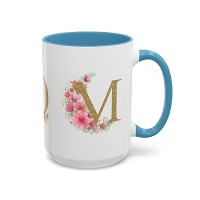 Mother's Day mug with floral design and custom names, blue interior.