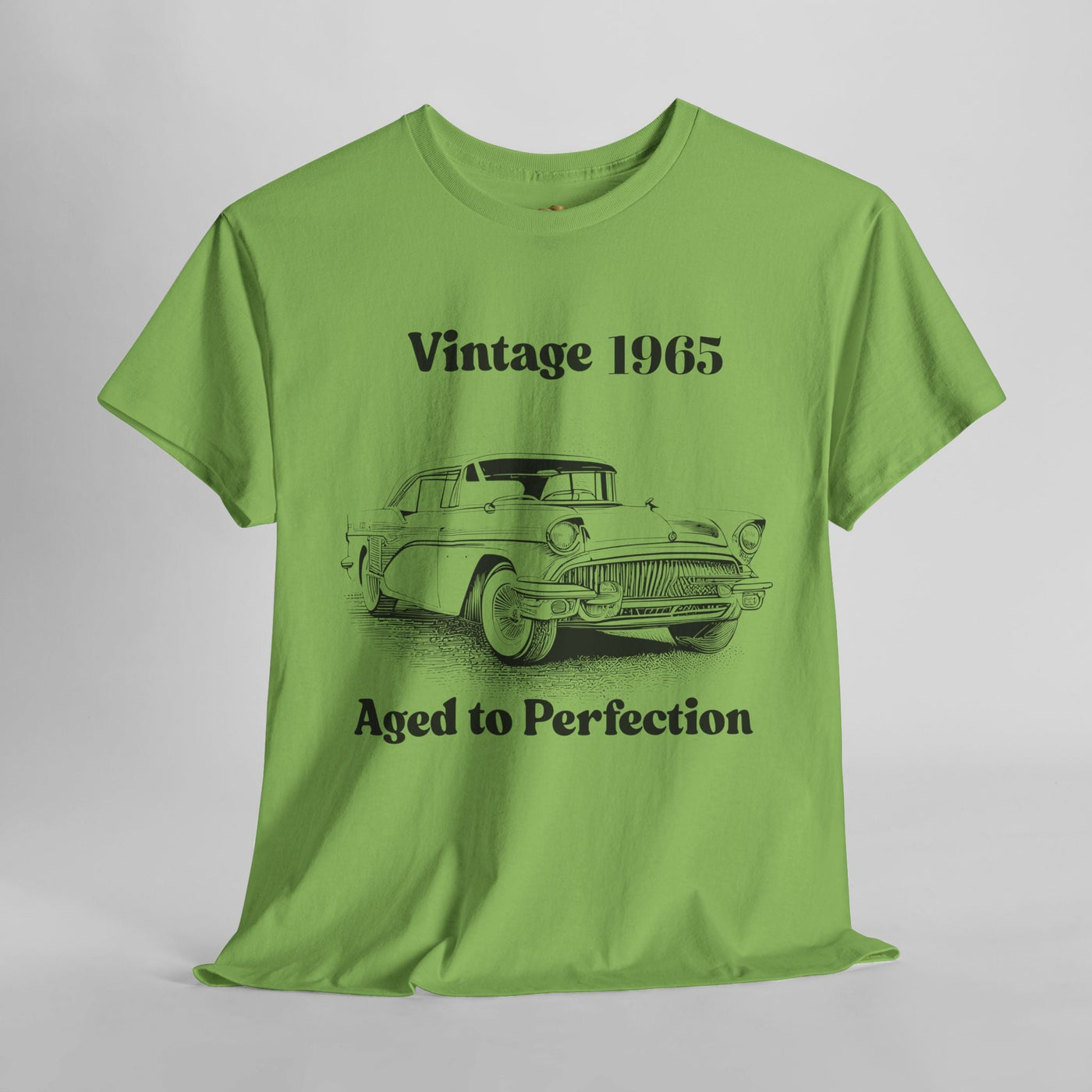 Vintage Aged to Perfection classic car t-shirt with humorous slogan and retro car graphic, ideal for birthday gifts and car enthusiasts.