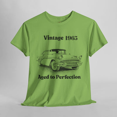 Vintage Aged to Perfection classic car t-shirt with humorous slogan and retro car graphic, ideal for birthday gifts and car enthusiasts.