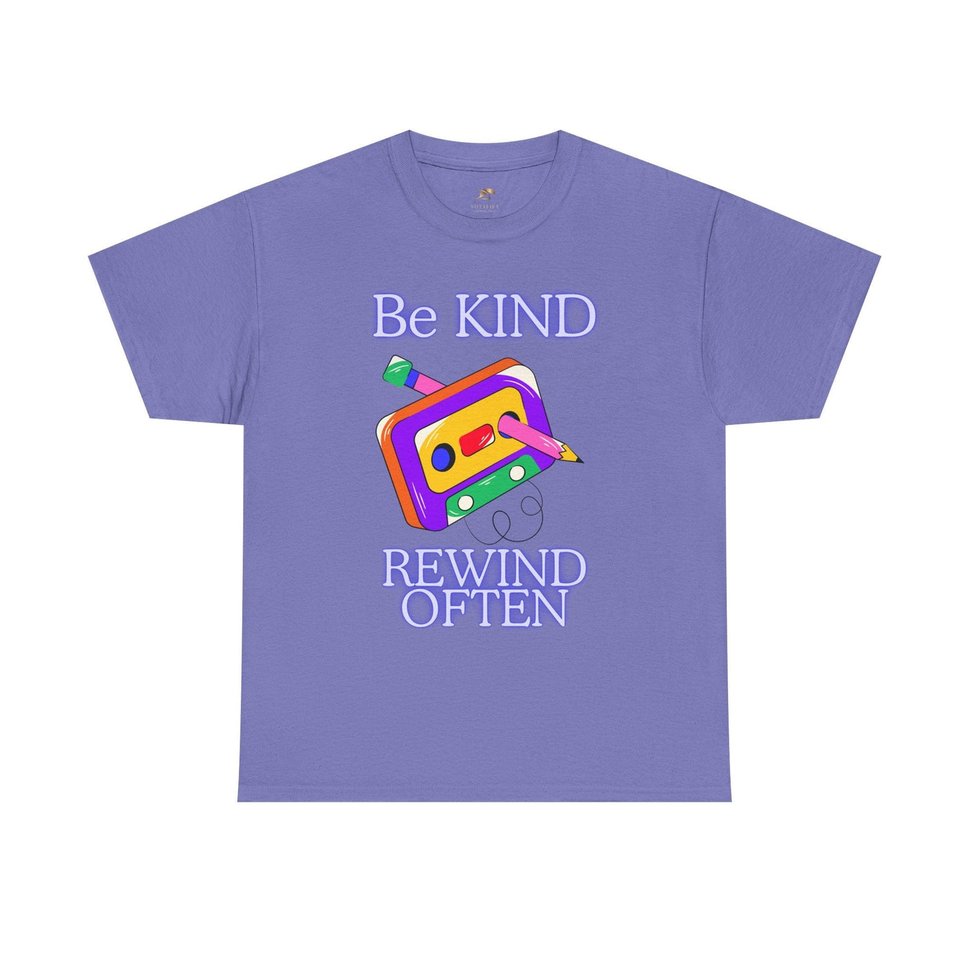 Retro purple t-shirt with "Be Kind, Rewind Often" message and cassette graphic, 90s nostalgia unisex tee.