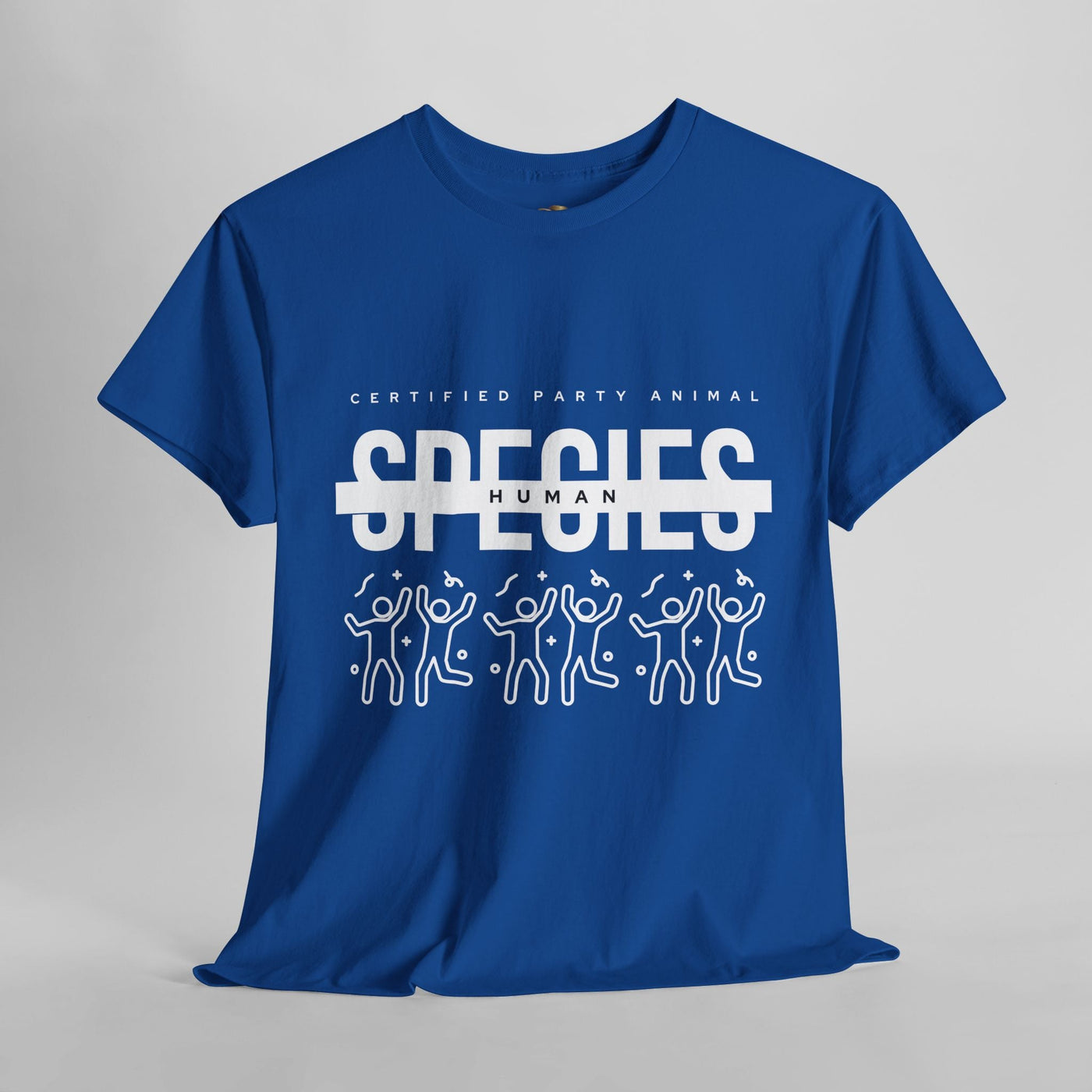 Certified Party Animal t-shirt with "Species: Human" graphic, featuring dancing figures and confetti on blue fabric.