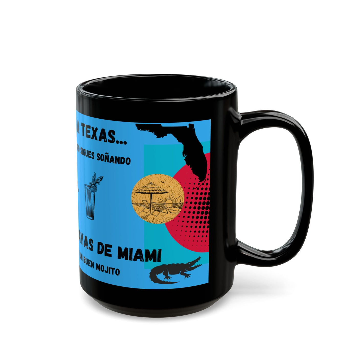 Personalized fun black mug with Texas vs Miami theme, perfect gift for coffee lovers.