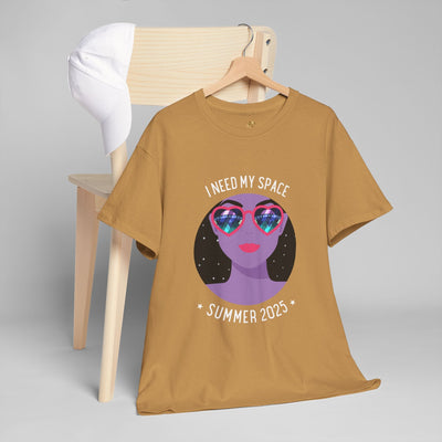 Astronaut Space Vibes Tee with galaxy graphic, cosmos relaxation shirt hanging on a chair.