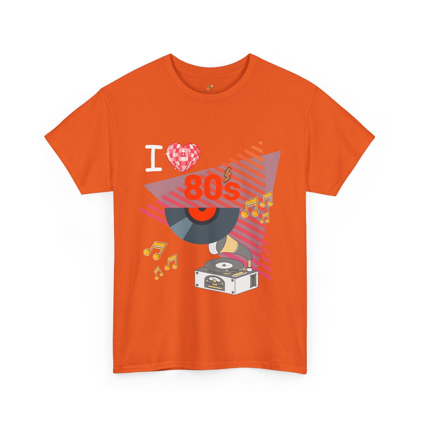 Orange 80's music lover t-shirt with retro vinyl record and music notes graphic design
