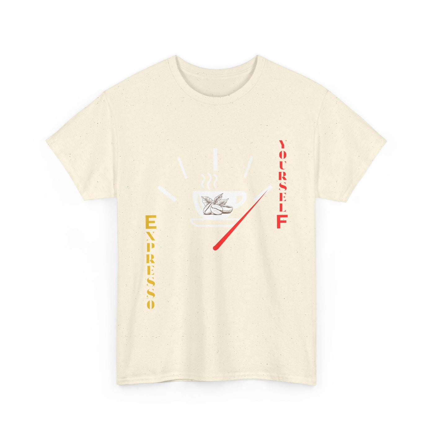 Unisex cream Expresso Yourself coffee T-shirt with steam, beans, and fuel gauge design.