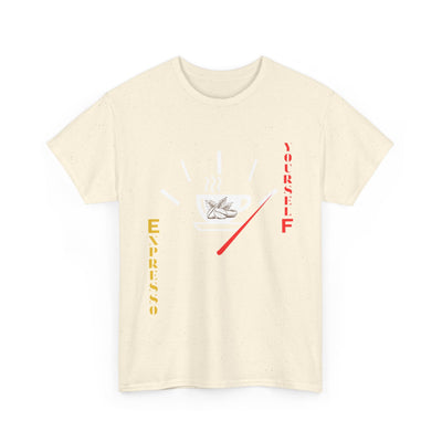 Unisex cream Expresso Yourself coffee T-shirt with steam, beans, and fuel gauge design.