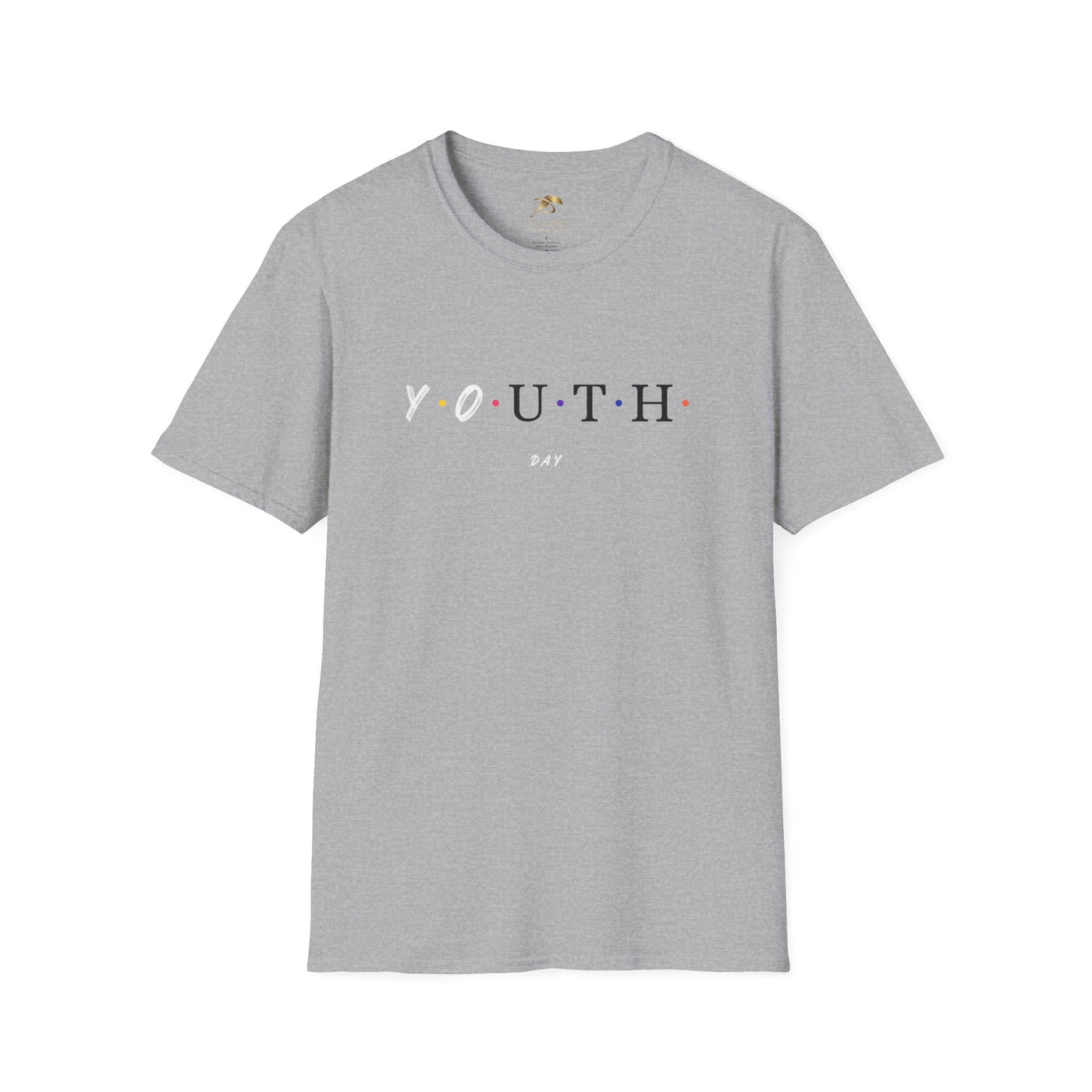 Youth Day Celebration unisex grey t-shirt with colorful dotted letters, lightweight cotton casual wear