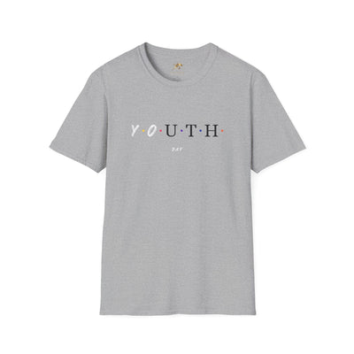 Youth Day Celebration unisex grey t-shirt with colorful dotted letters, lightweight cotton casual wear