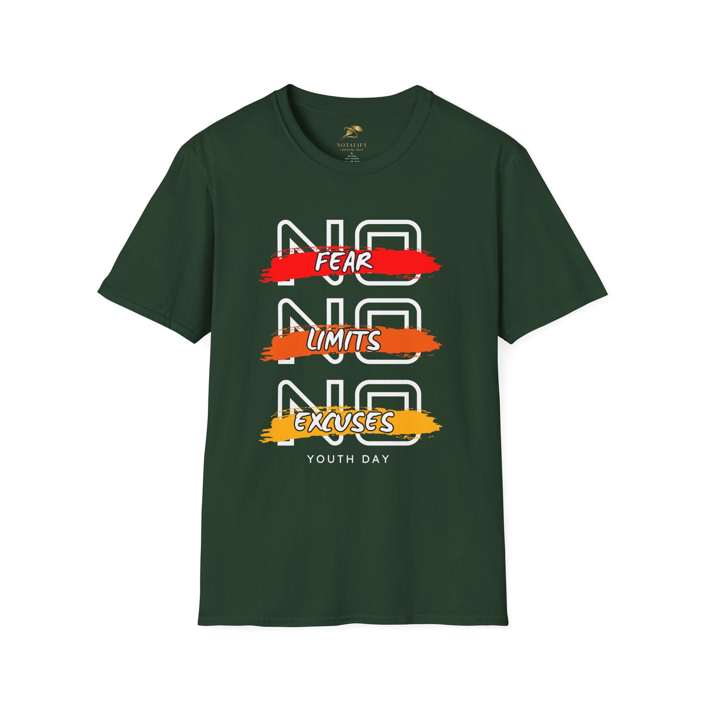 Green unisex t-shirt with "No Fear No Limits No Excuses Youth Day" motivational graphic design