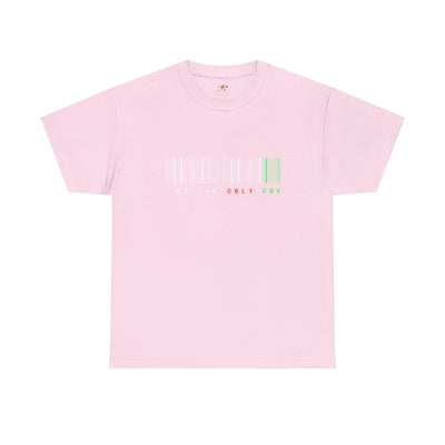 Unique "Be The Only One" barcode t-shirt in blue with a minimalist design