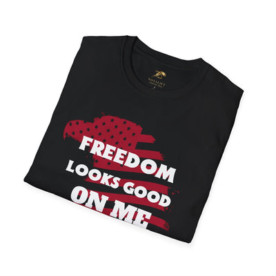 Unisex Patriotic Party Tee with "Freedom Looks Good On Me" design, perfect for 4th of July celebrations and summer festivals.