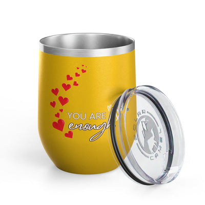 Positive Affirmation Wine Tumbler with "You're enough" message, yellow stainless steel, 12oz capacity.