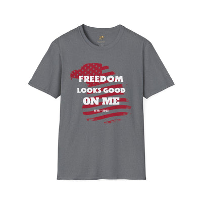 Unisex patriotic party tee with "Freedom Looks Good On Me" design for Independence Day.