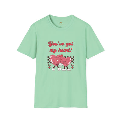 Unisex softstyle Valentine's Day heart graphic tee with "You've got my heart" design.
