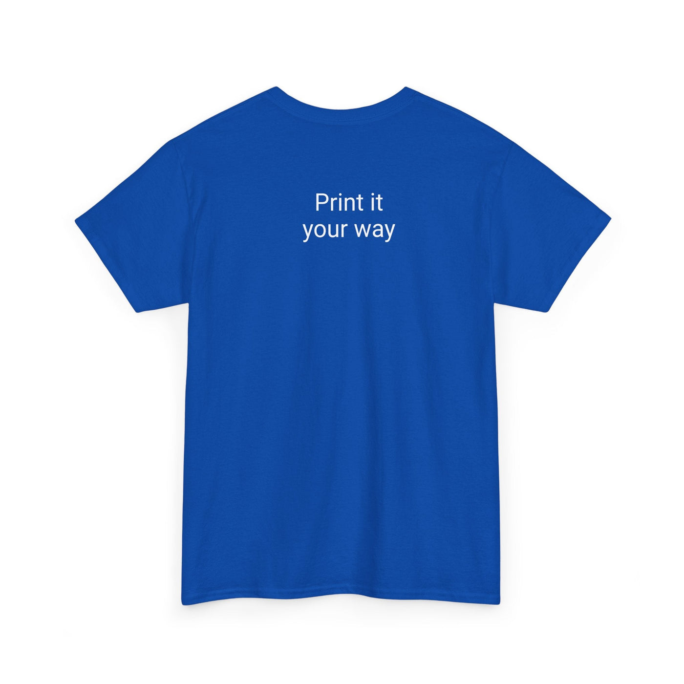 Unisex blue Expresso Yourself coffee T-shirt with "Print it your way" text on the back.