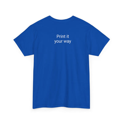 Unisex blue Expresso Yourself coffee T-shirt with "Print it your way" text on the back.