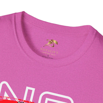 Close-up of a purple unisex No Fear No Limits motivational graphic t-shirt with crew neckline made of soft 100% ring-spun cotton.