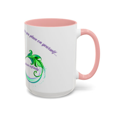 Inspirational Butterfly Coffee Mug with Embrace Infinity design, pink interior and handle, motivational gift, ceramic, 11oz and 15oz options.