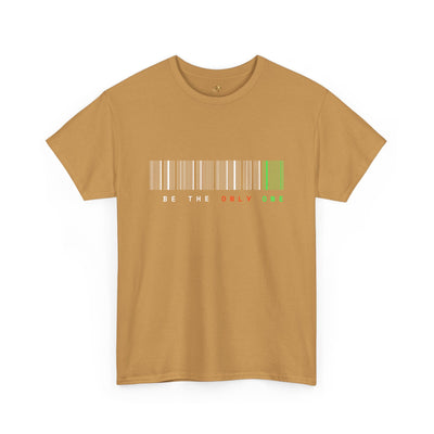 Unique "Be The Only One" barcode t-shirt in blue with a minimalist design