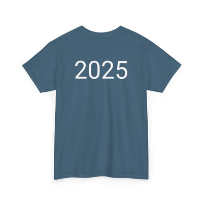 Astronaut Space Vibes Tee with galaxy graphics on blue fabric, featuring 2025 text, ideal for space lovers.