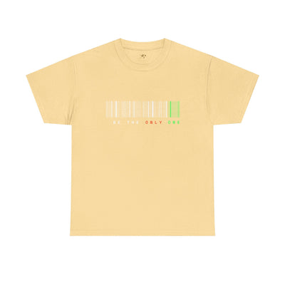 Unique "Be The Only One" barcode t-shirt in blue with a minimalist design