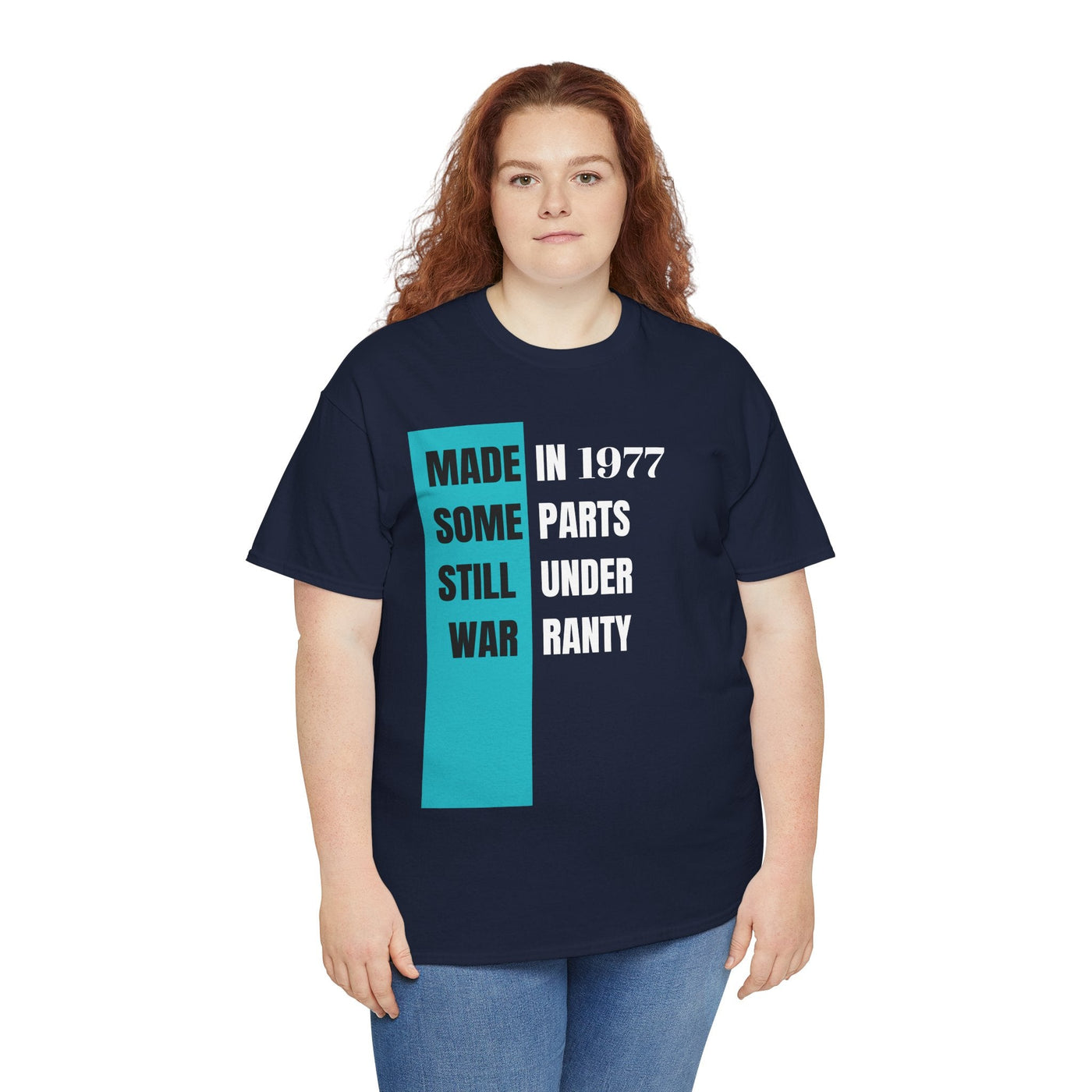Humorous vintage style "Made In Some Parts Still Under Warranty" t-shirt, funny aging gift.