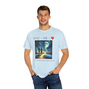 Moon and Back Unisex T-shirt with celestial design, perfect romantic gift.