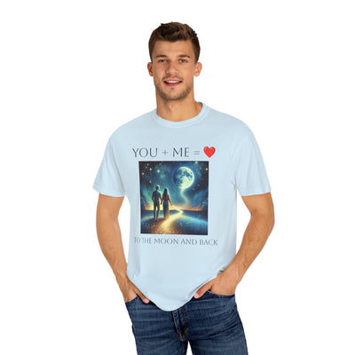 Moon and Back Unisex T-shirt with celestial design, perfect romantic gift.