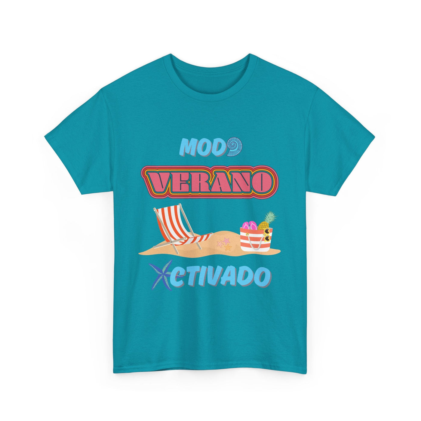 Vibrant "Modo Verano Activado" T-shirt with beach scene, tropical fruits, and retro fonts. Perfect for Latin summer fashion and beach vibes.