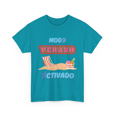 Vibrant "Modo Verano Activado" T-shirt with beach scene, tropical fruits, and retro fonts. Perfect for Latin summer fashion and beach vibes.